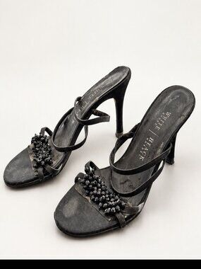 White House Black Market Black Beaded Slingback Heel Sandals